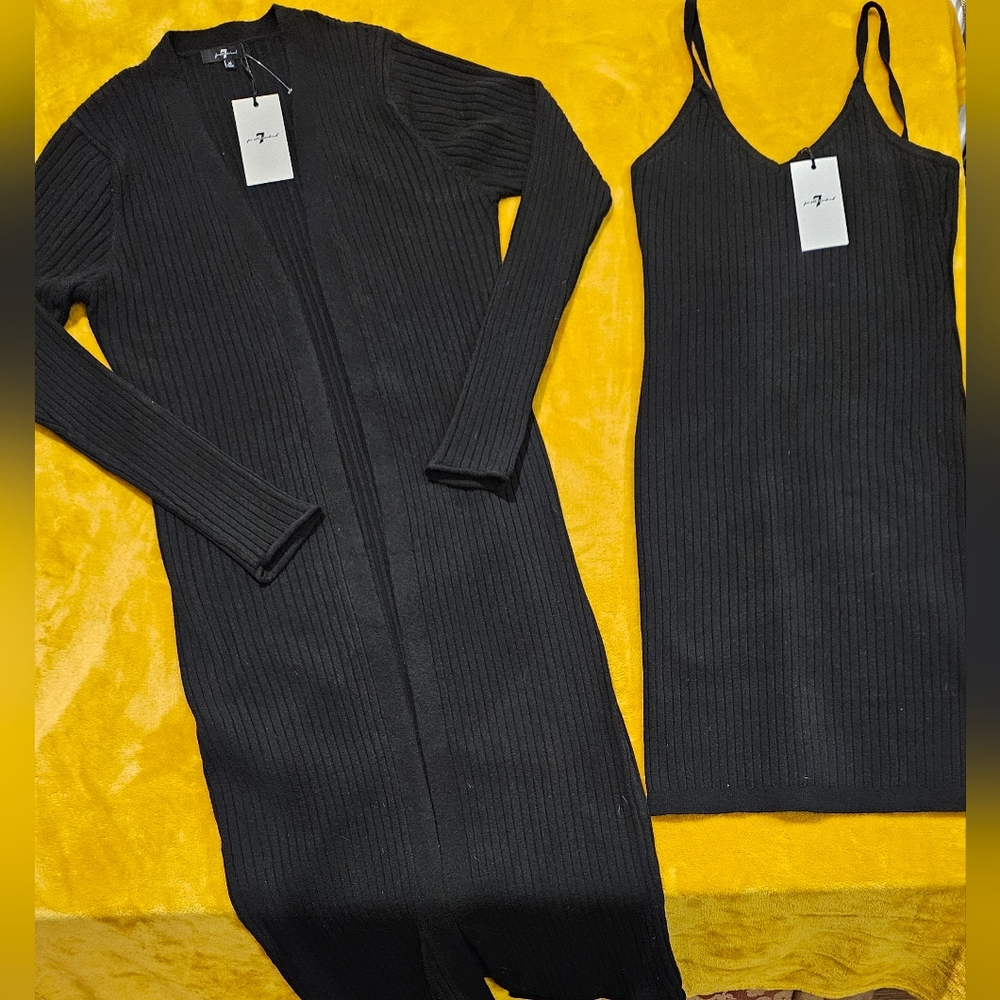 🆕️7 For All‎ Mankind Black Ribbed Sweater Dress and Duster Cardigan Medium NWT